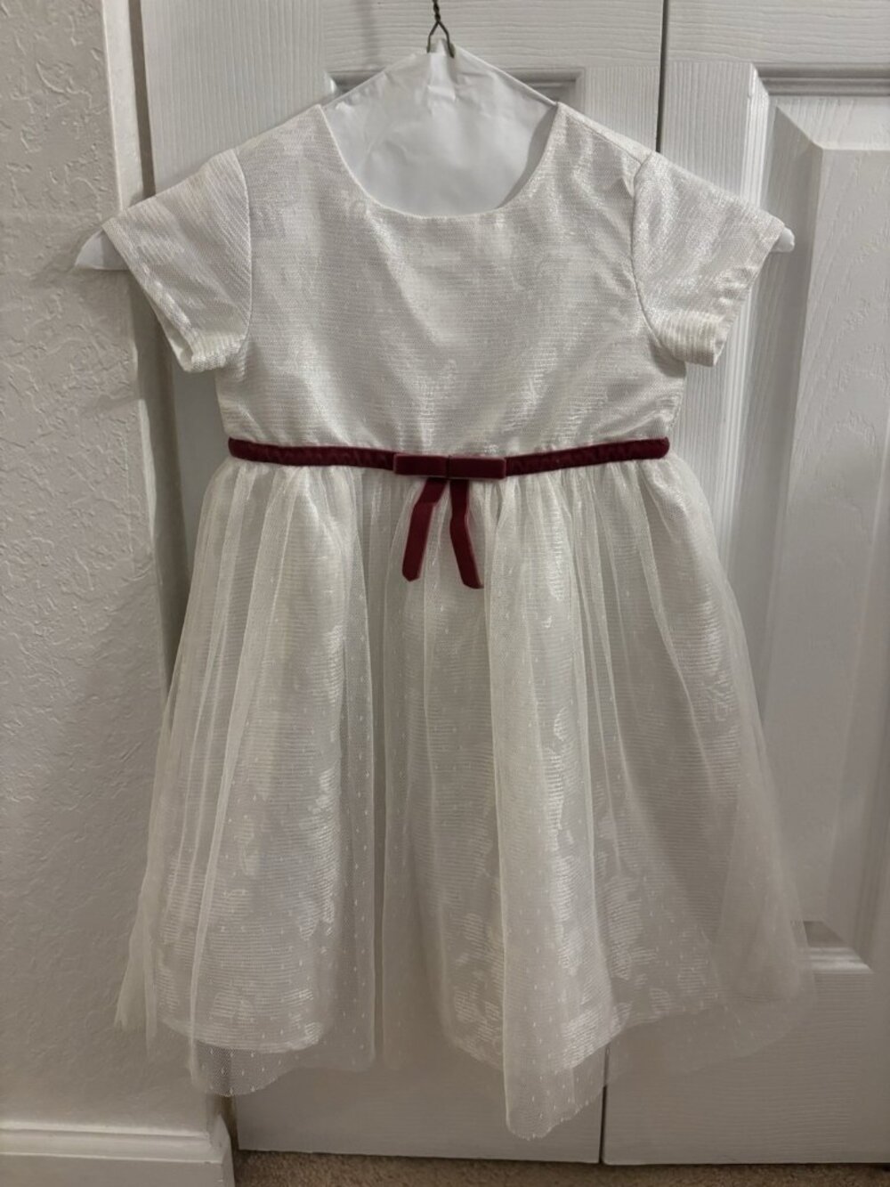 Toughskins Formal Holiday White With Burgundy Ribbon Girls Dress Size 4T - Picture 2 of 4